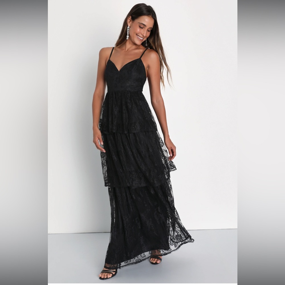 Elegant Go Black Lace V neck Tiered Maxi Dress